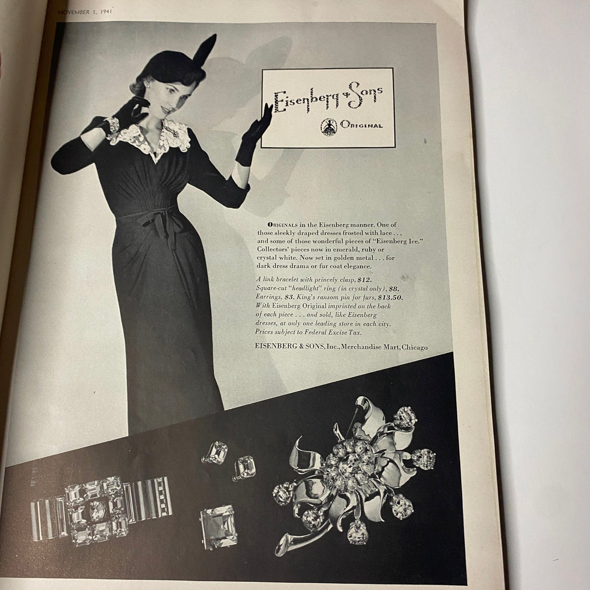Advertisement page from Vogue Magazine November 1, 1941 featuring Eisenberg & Sons, illustrating luxury fashion jewelry of the era, enhancing the magazine's theme of elegance and style.