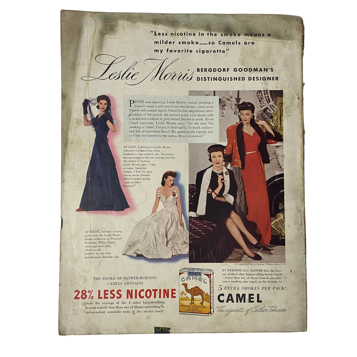 Vogue Magazine November 1, 1941 with an advertisement for Camel cigarettes featuring designer Leslie Morris, highlighting fashionable women in classic attire, a reflection of mid-century advertising.