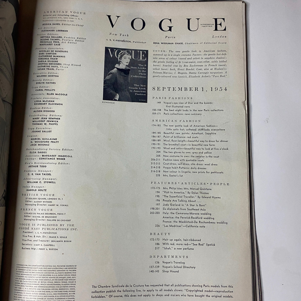 Table of contents page of Vogue Magazine September 1, 1954, listing featured articles and fashion sections.
