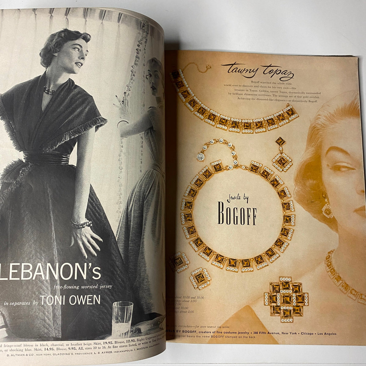 Advertisement page from Vogue Magazine September 1, 1954 showcasing jewelry designs by Bogoff, illustrating mid-century elegance.