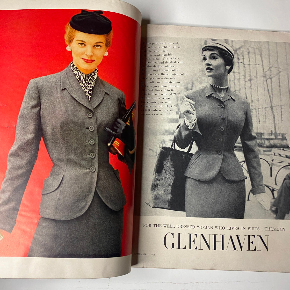Vogue Magazine September 1, 1954 Evelyn Tripp by Erwin Blumenfeld highlights a vibrant editorial showcasing a tailored gray suit for women by Glenhaven, exuding sophistication.