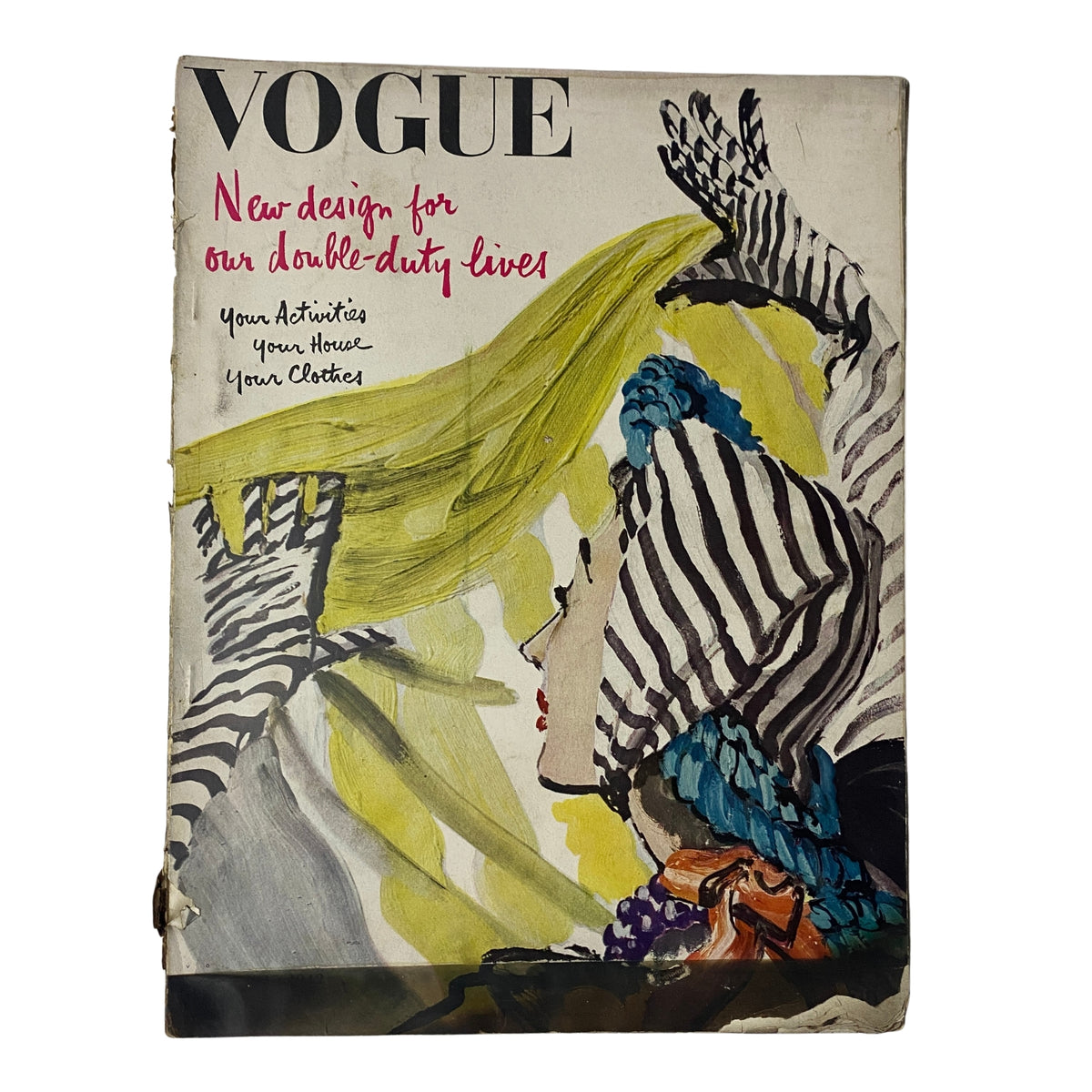 Vogue Magazine cover from January 15, 1942, showcasing artwork titled 'New design for our double-duty lives'. The cover features a colorful illustration of a woman adorned in a striped headpiece, emphasizing themes of wartime resilience and fashion.