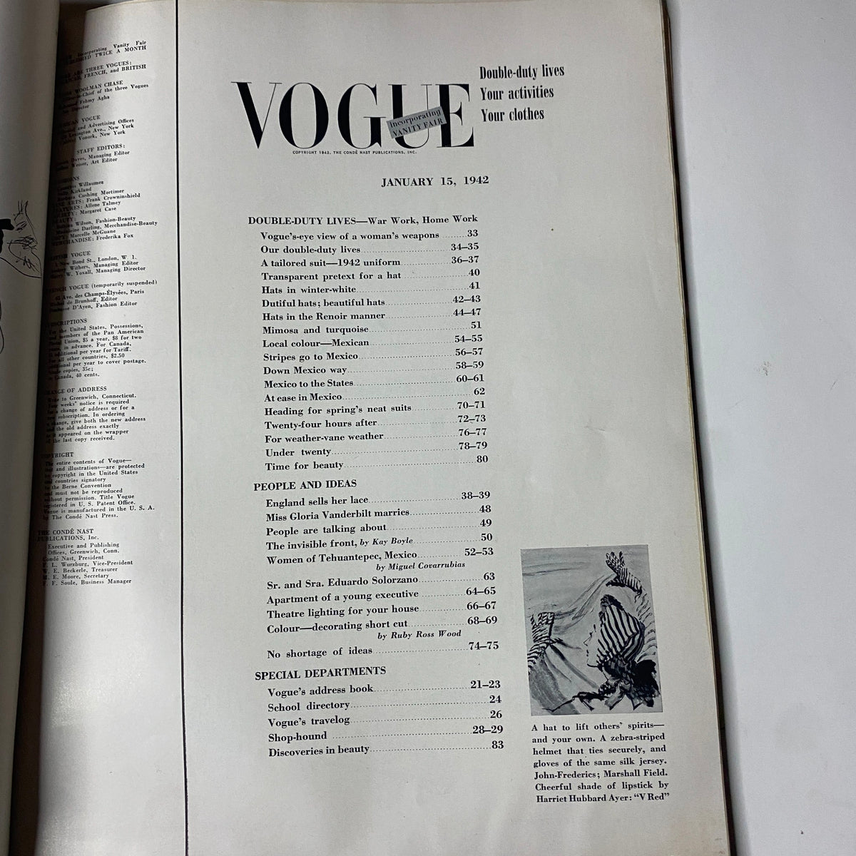 Table of contents page from Vogue Magazine January 15, 1942, displaying articles under the theme 'New Design for Our Double-Duty Lives'.