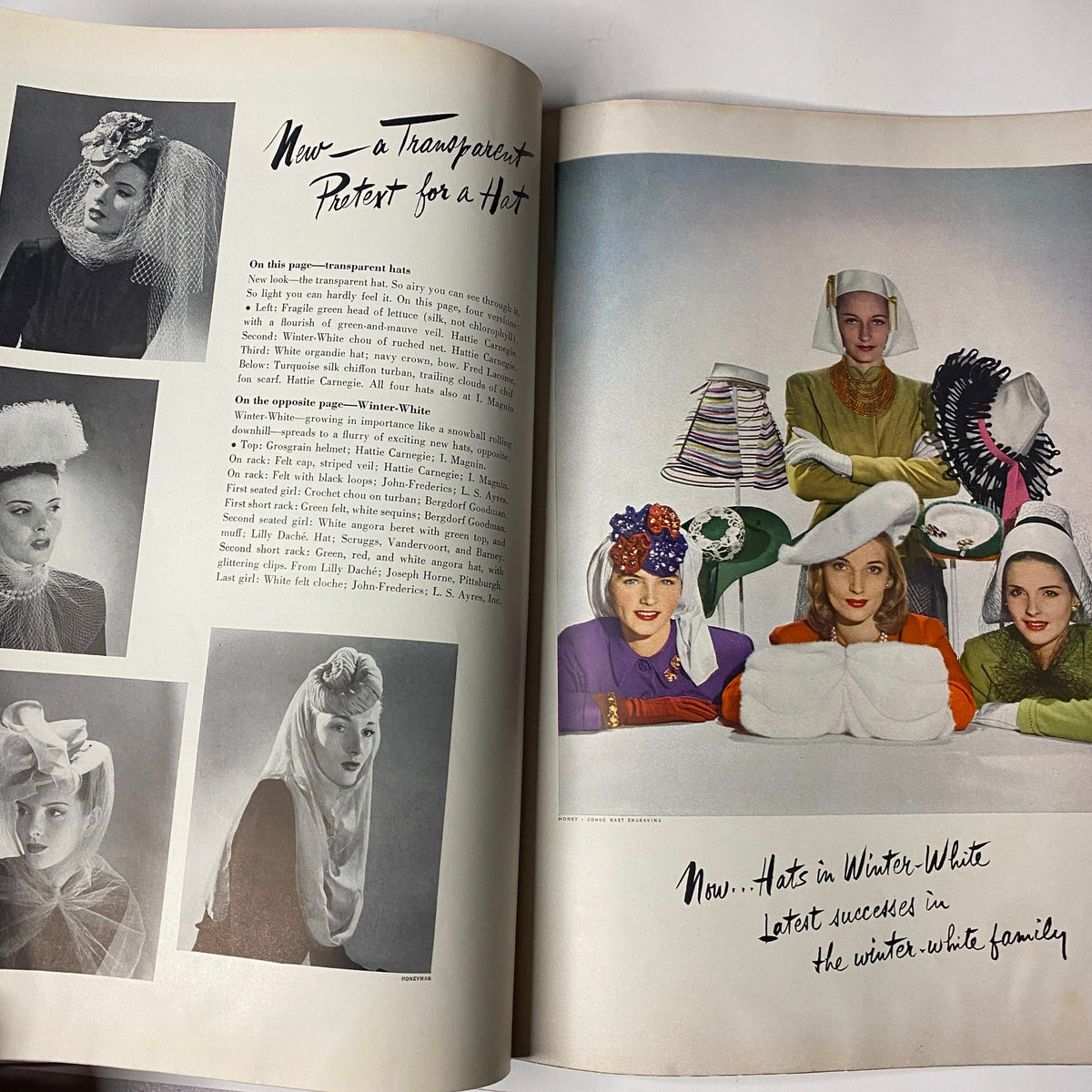 Vogue Magazine January 15, 1942 illustrates fashionable winter hats, showcasing a variety of styles worn by models, emphasizing the theme of 'New Design for Our Double-Duty Lives.' Each hat reflects the ingenuity of wartime fashion.