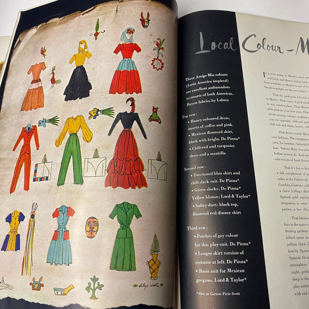 An illustration in Vogue Magazine January 15, 1942 displaying traditional Latin American garments, portraying vibrant colors and designs, capturing the essence of local culture amidst the theme 'New Design for Our Double-Duty Lives.'