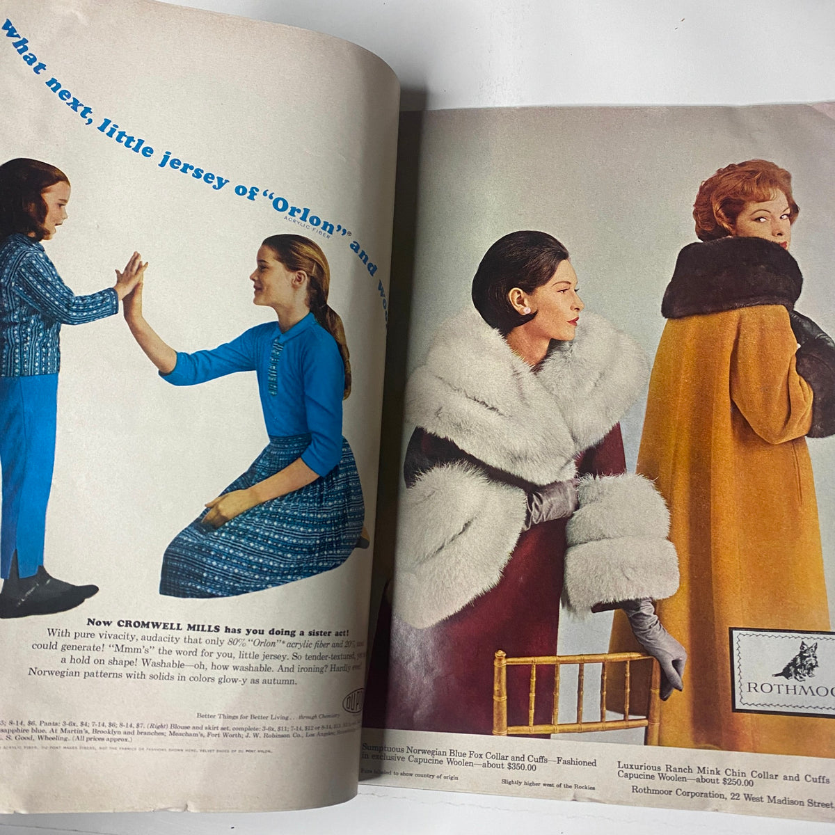 An advertisement page from Vogue Magazine August 1, 1961, featuring stylish clothing options, highlighting the contemporary marketing trends of the era.
