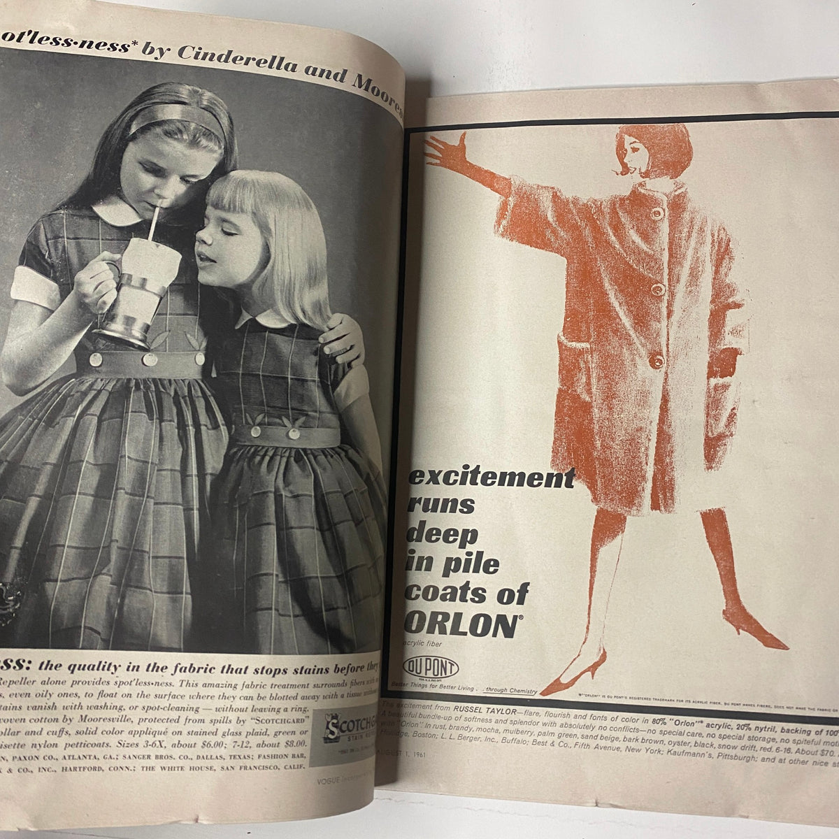 Image from Vogue Magazine August 1, 1961 featuring young girls in matching plaid dresses holding a vintage camera, illustrating the fashion trends of the era.