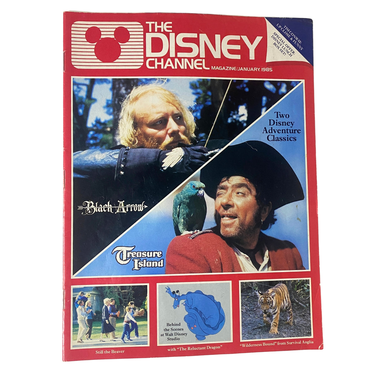 Cover of The Disney Channel Magazine January 1985 featuring 'Black Arrow' and 'Treasure Island'. The cover includes images from the classics, showcasing characters, and highlights features like 'Still the Beaver' and 'Behind the Scenes at Disney Studio'.