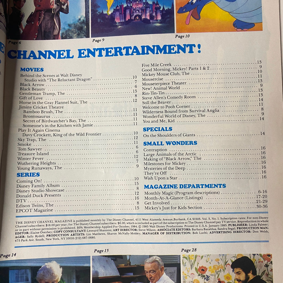 Pages from The Disney Channel Magazine January 1985 showing contents and entertainment sections. It includes details about movies, shows, and specials featured in the magazine, such as 'Wilderness Bound' and 'Get Involved'.