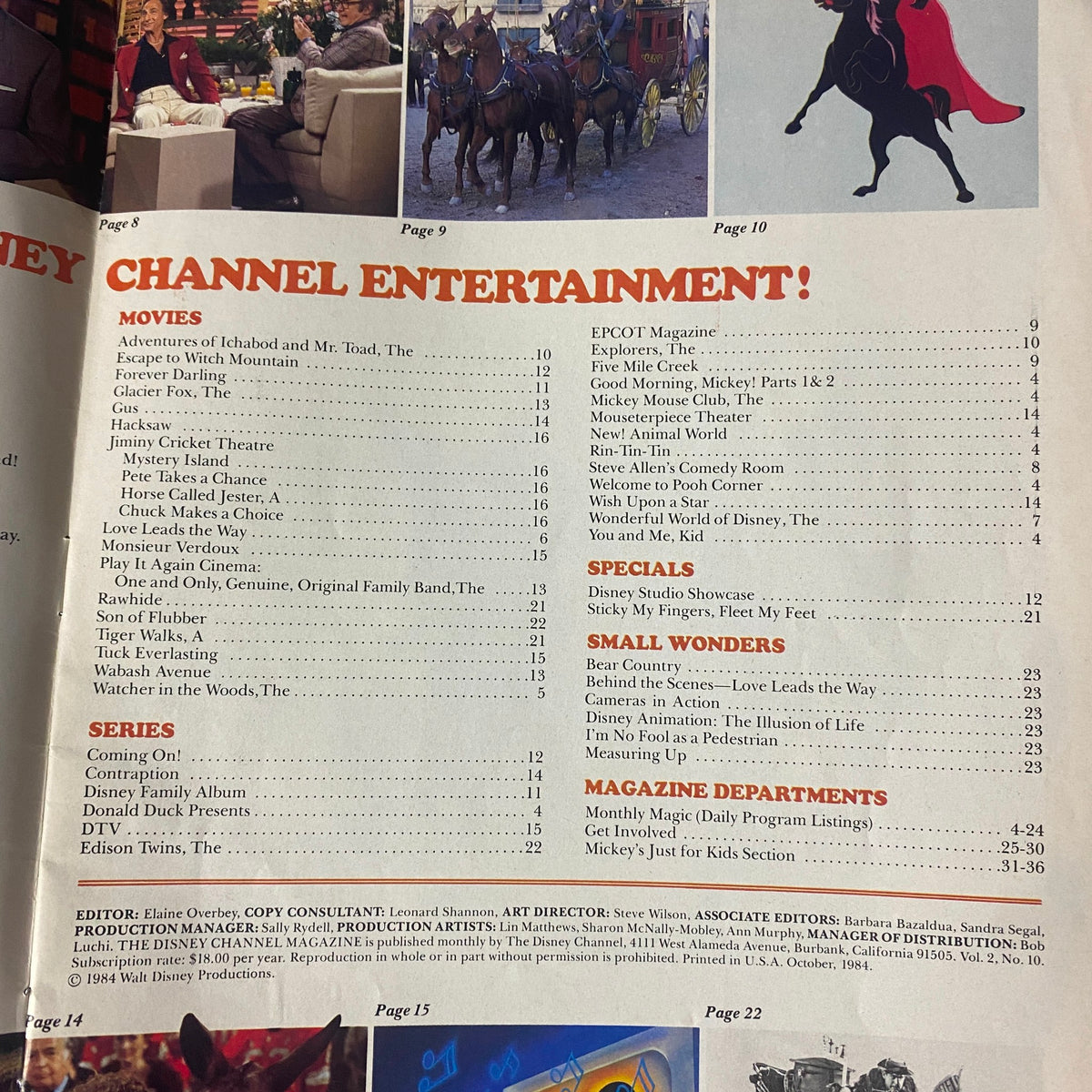 Another inside spread of The Disney Channel Magazine October 1984 listing movie highlights and series details like 'The Adventures of Ichabod and Mr. Toad'.