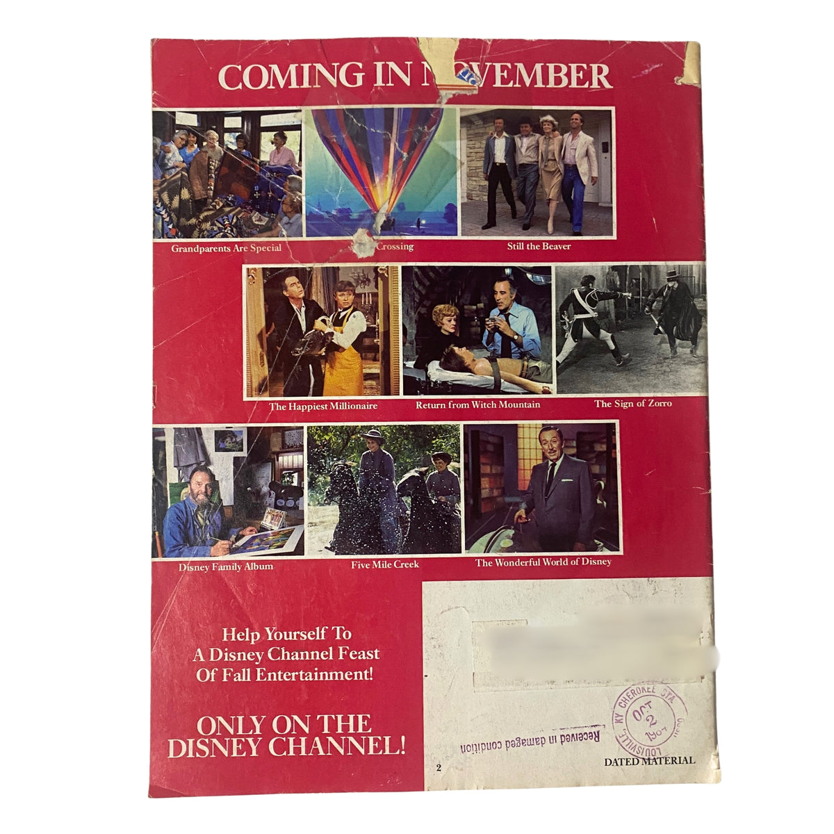 Cover of The Disney Channel Magazine October 1984 featuring a collage of images promoting upcoming shows like Grandparents Are Special, The Happiest Millionaire, and more, along with the title 'Coming in November' alongside Timothy Bottoms in Love Leads the Way.
