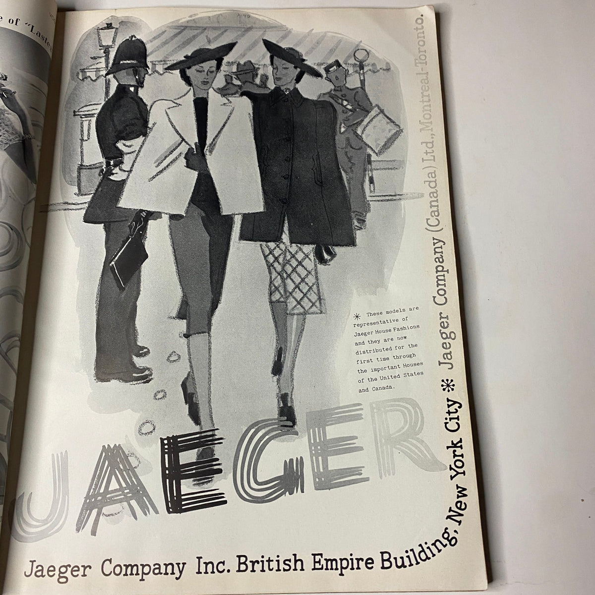 Advertisement page from Vogue Magazine February 15, 1938, featuring Jaeger Company, showcasing 1930s fashion trends and artistic design typical of the era.