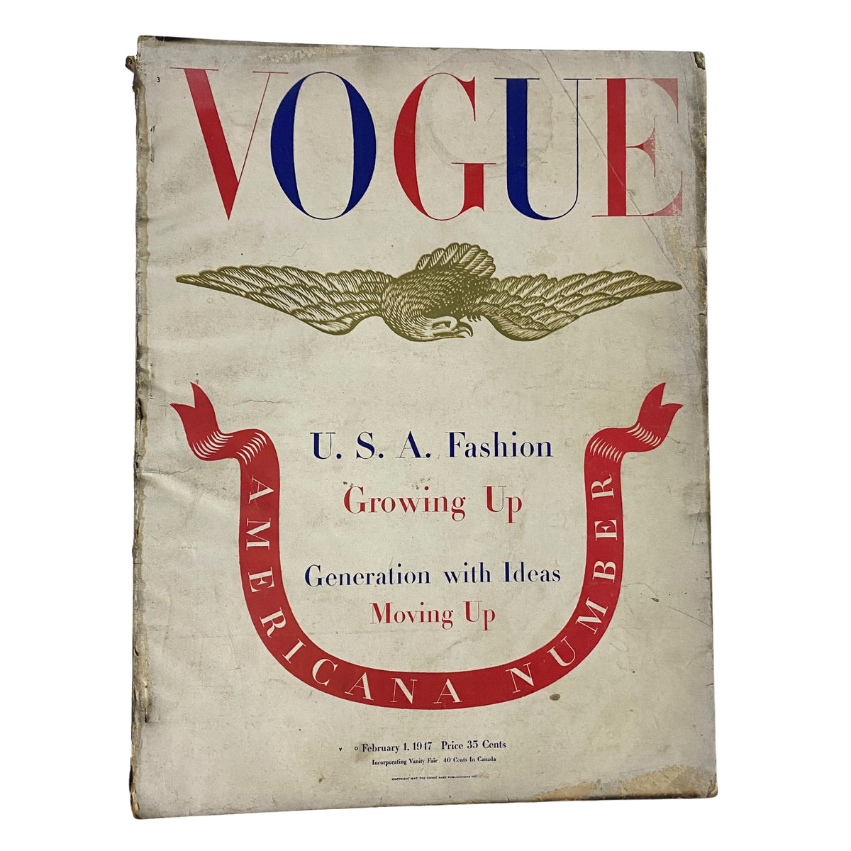 Vogue Magazine cover from February 1, 1947, titled 'U.S.A. Fashion Growing Up'. Features an eagle emblem and highlights Americana fashion.