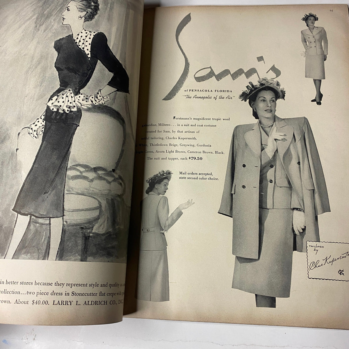Fashion advertisement page from Vogue Magazine February 1, 1947 Americana Fashion 1947, highlighting women's styles and design details.