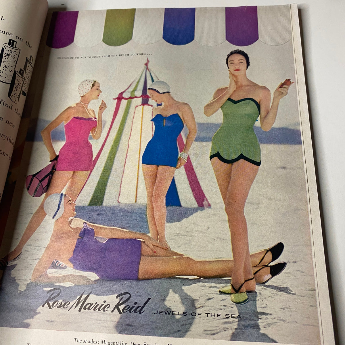 Swimwear advertisement showcasing women in colorful swimsuits from Vogue Magazine May 1, 1955 Summer Fashion Textbook.