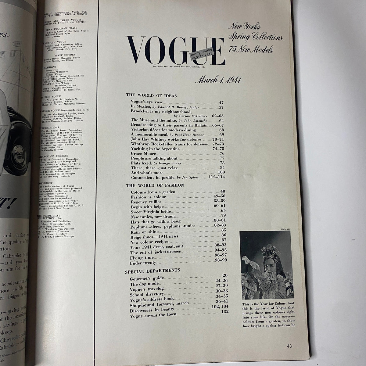 Table of Contents from Vogue Magazine March 1, 1941, detailing sections including 'The World of Ideas' and 'The World of Fashion'.
