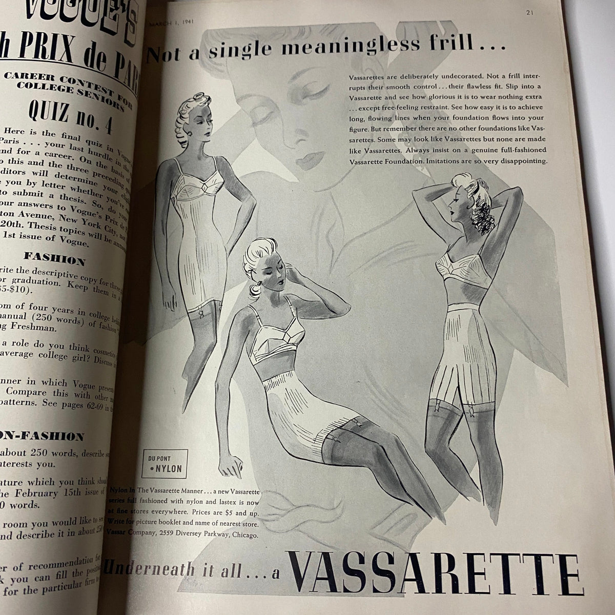 Advertisement in Vogue Magazine March 1, 1941 promoting Vassarette lingerie, showcasing models in stylish undergarments.