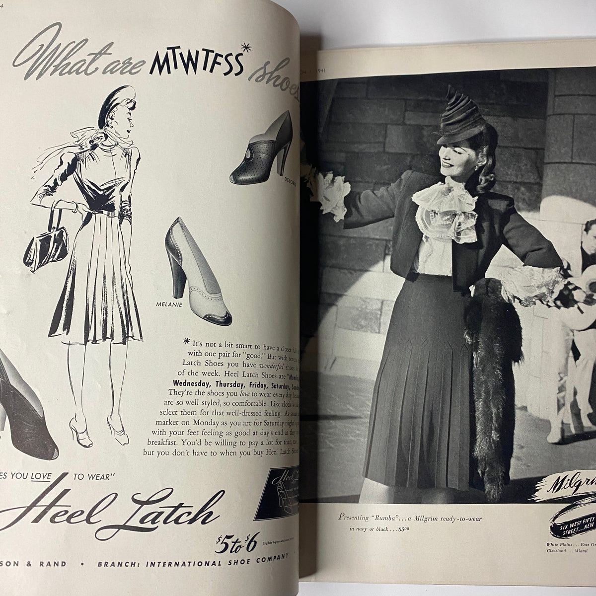 Fashion advertisement from Vogue Magazine March 1, 1941, featuring women in stylish clothing and MTWTFSS shoes.
