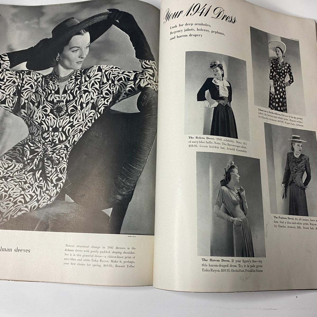 Fashion spread from Vogue Magazine March 1, 1941 highlighting various dresses and styles, with emphasis on summer fashion.