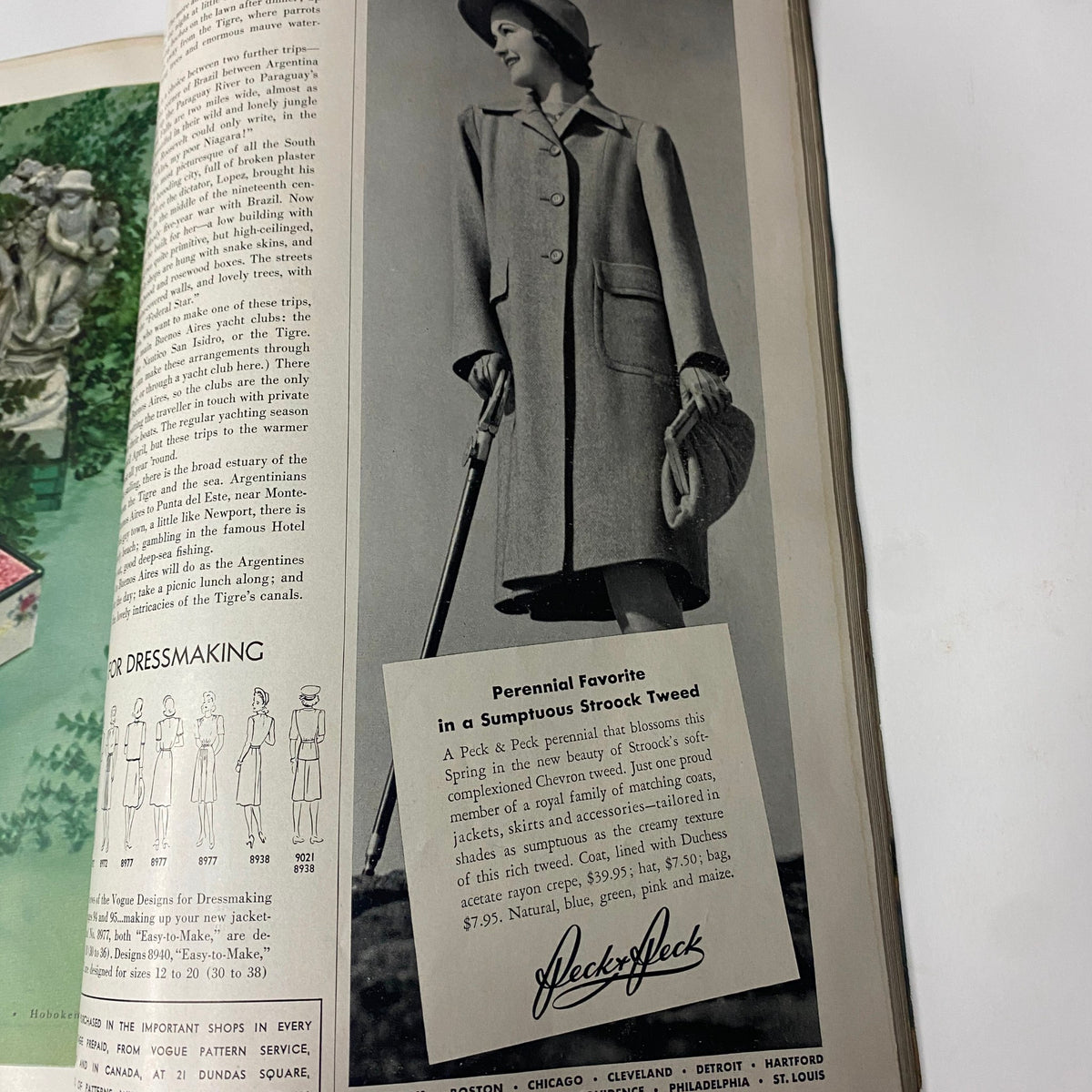 Vogue Magazine March 1, 1941 Tina McDonnell Cover by John Rawlings featuring a vintage advertisement for a stylish strolled coat in a luxurious stroke tweed, highlighting fashion from the early 1940s.