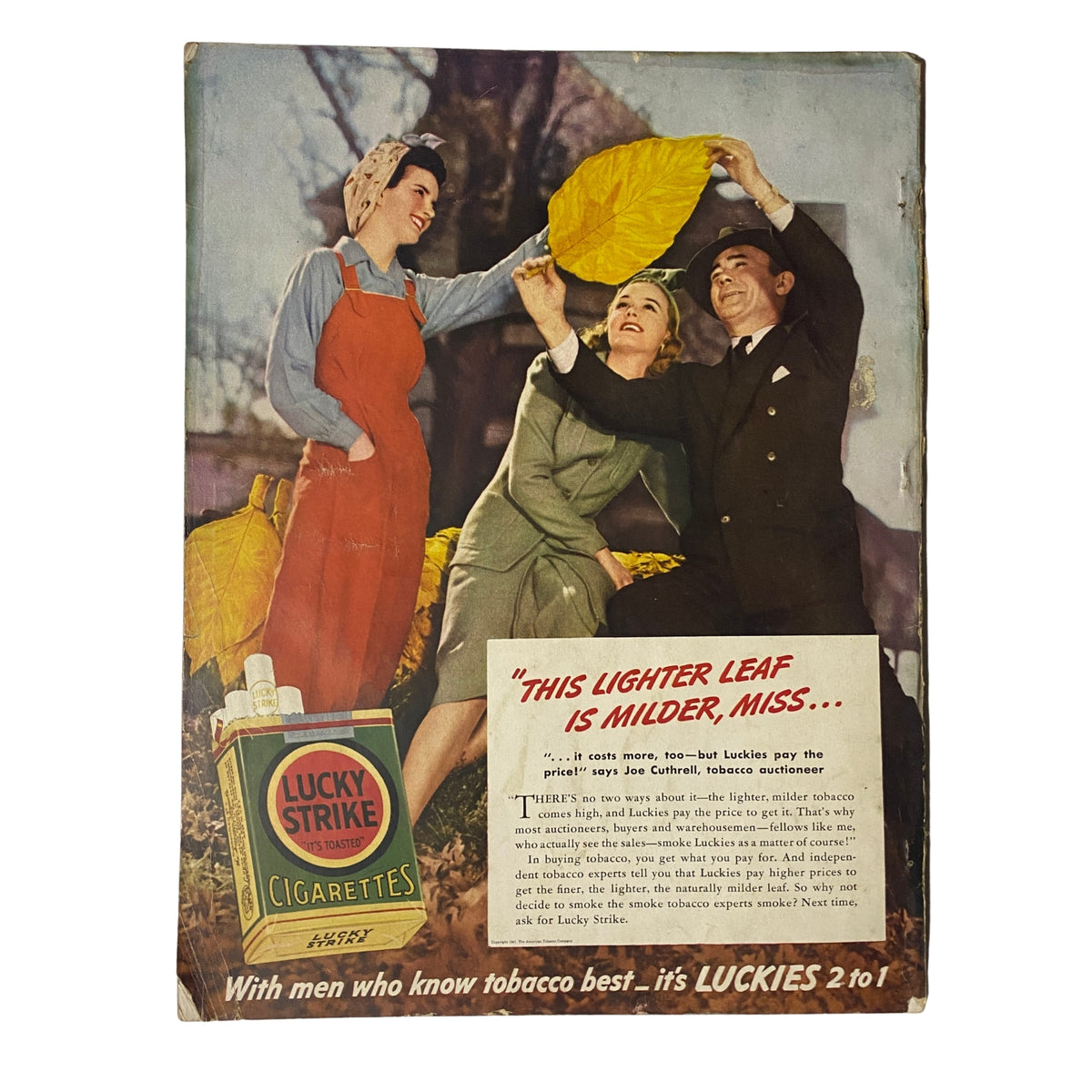 Vogue Magazine March 1, 1941 Tina McDonnell Cover by John Rawlings showing a playful scene with women and men interacting with yellow leaves and a Lucky Strike cigarette advertisement, reflecting the cultural aesthetics of the early 1940s.