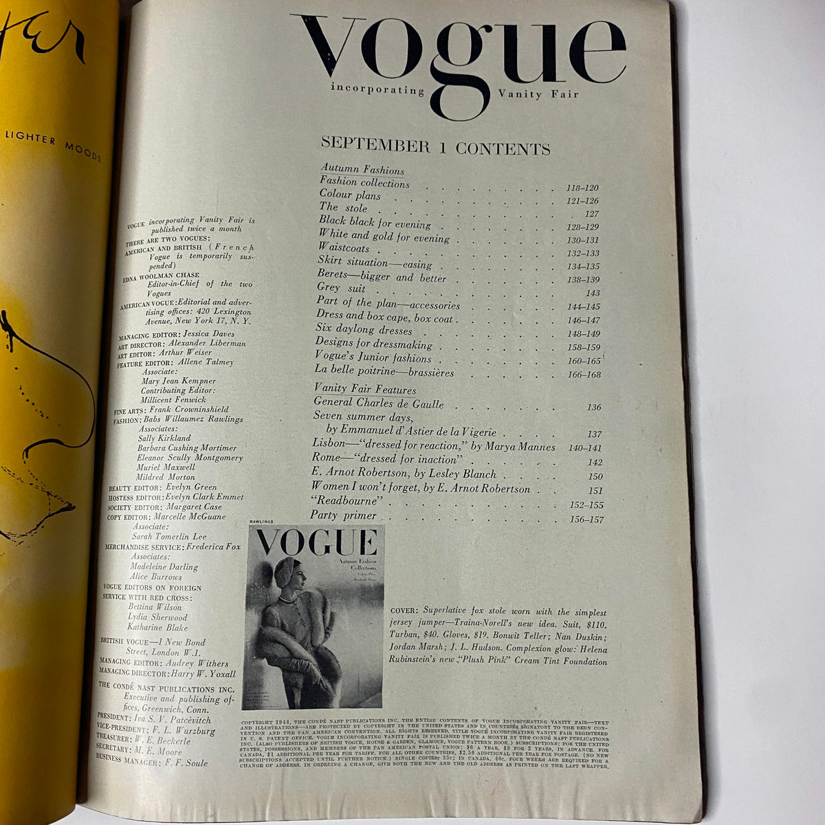 Interior of Vogue Magazine September 1, 1944, showing the table of contents. The issue features Selene Mahri on the cover and highlights fashion trends from the period.