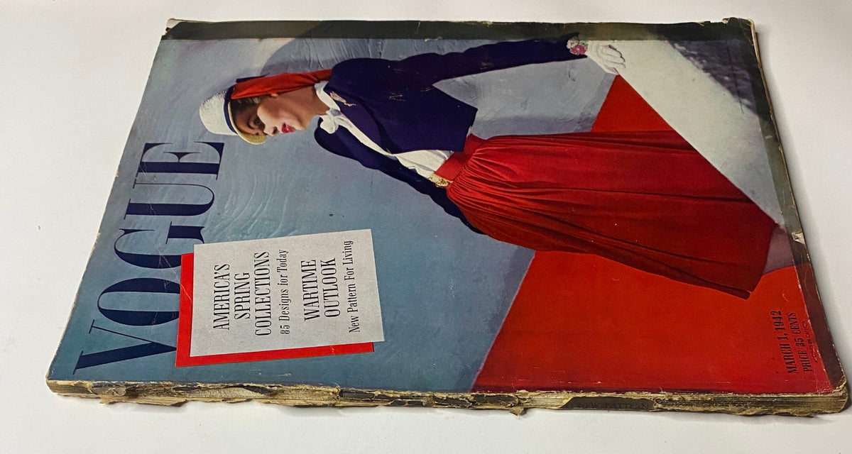 Close-up view of the Vogue Magazine March 1, 1942 Wartime Look cover by Horst P. Horst showcasing vintage fashion details and design elements.