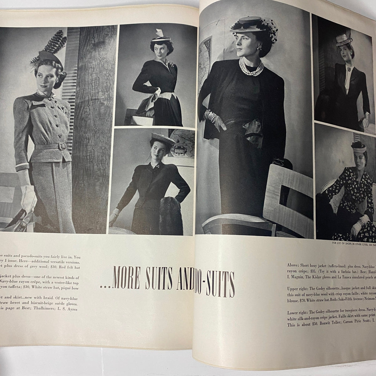 Vogue Magazine March 1, 1942 Wartime Look Cover by Horst P. Horst presenting a fashion layout with multiple models in elegant suits, capturing the timeless style and sophistication of 1940s women's fashion.