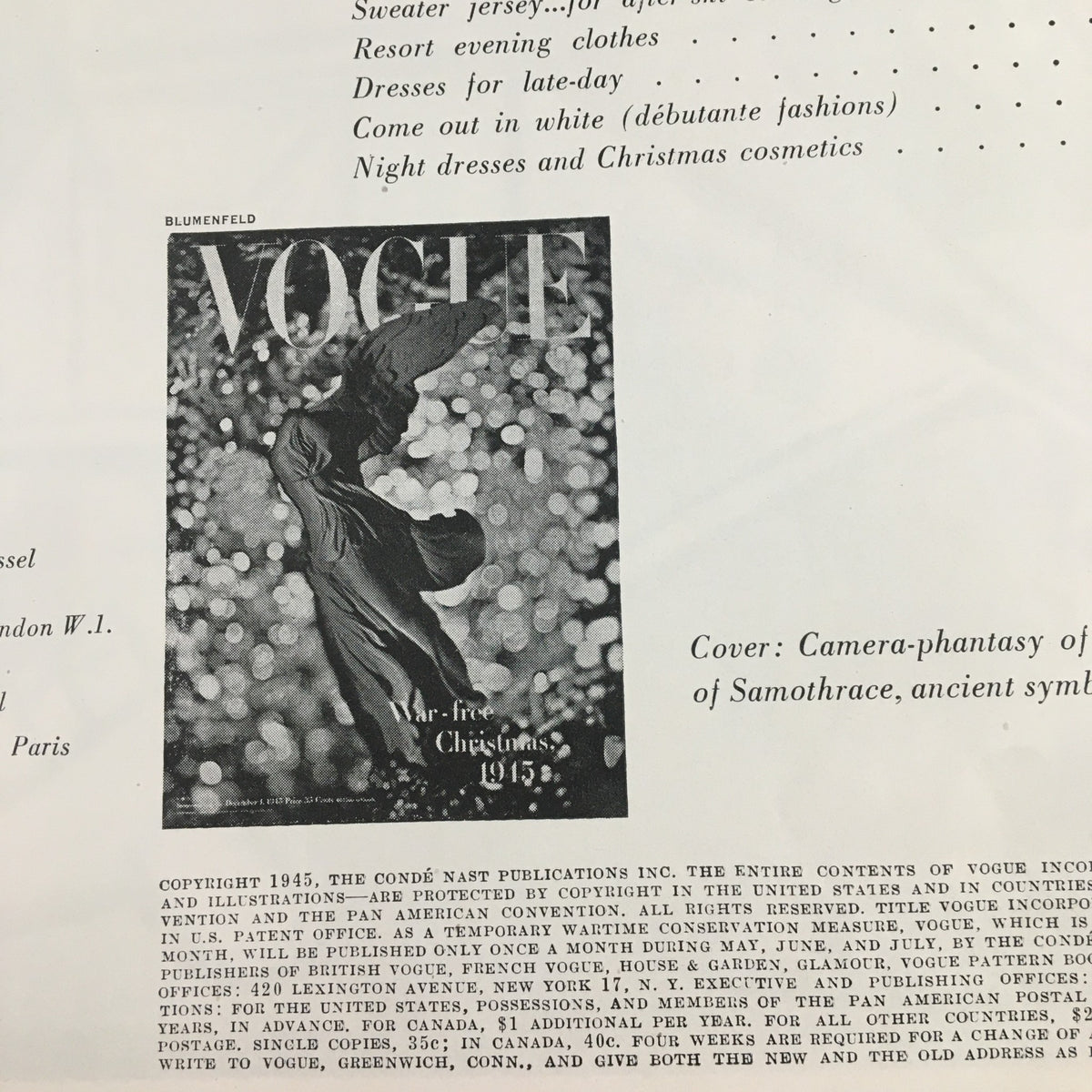 Cover of VTG Vogue Magazine December 1 1945 The War-Free Christmas showcasing a dramatic image with festive themes.