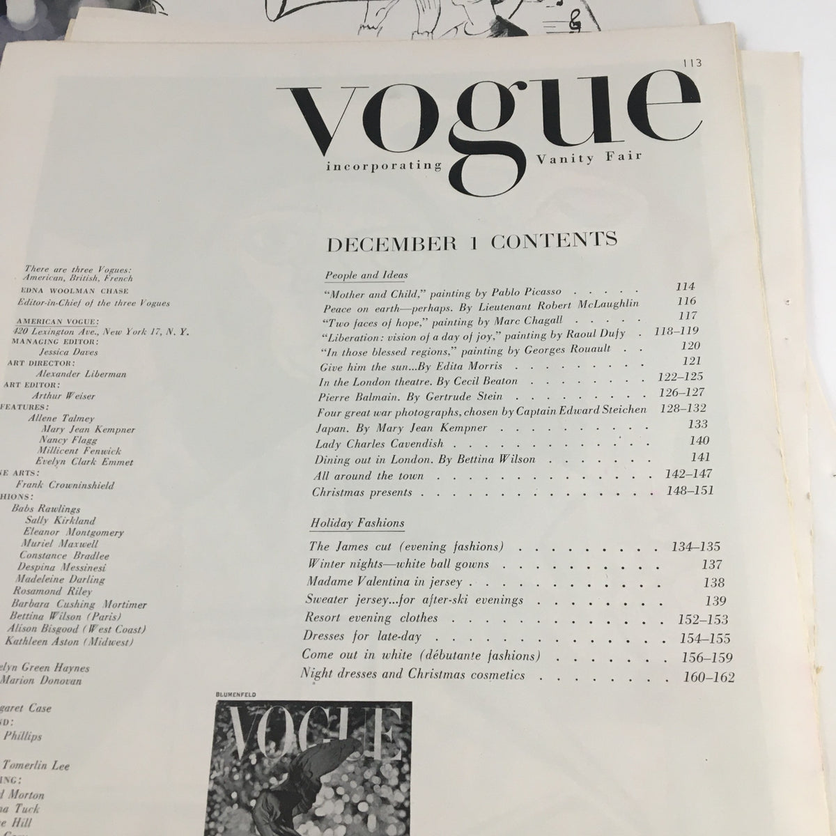Contents page of VTG Vogue Magazine December 1 1945 The War-Free Christmas highlighting articles on holiday fashions and trends.