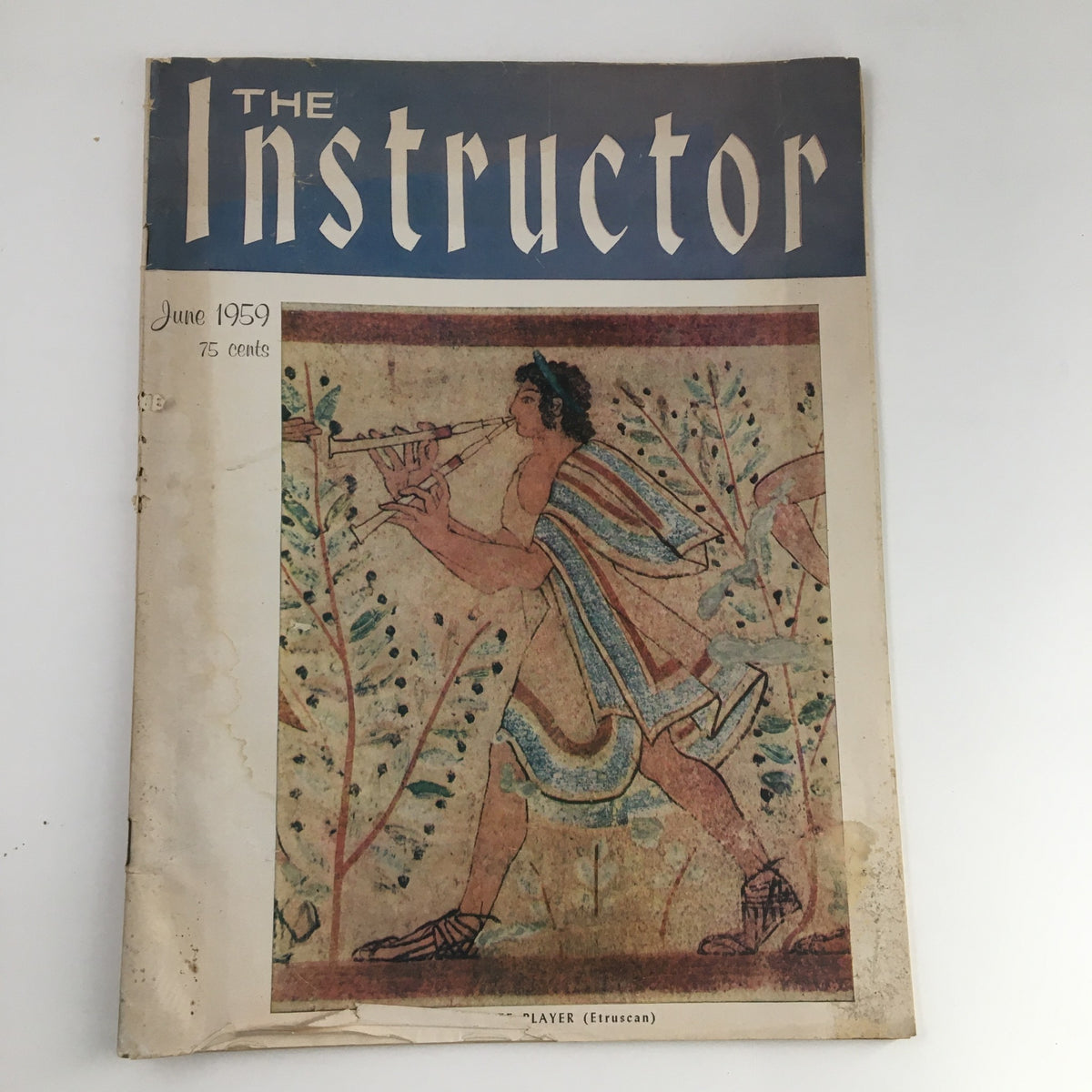 Cover of VTG The Instructor Magazine June 1959 featuring an Etruscan musician playing a flute among decorative foliage.