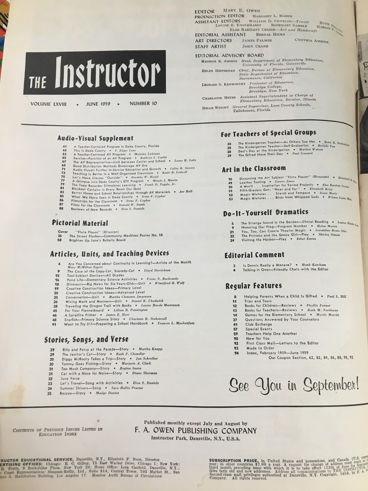 Contents page of the VTG The Instructor Magazine June 1959 listing articles and features with a vintage design.