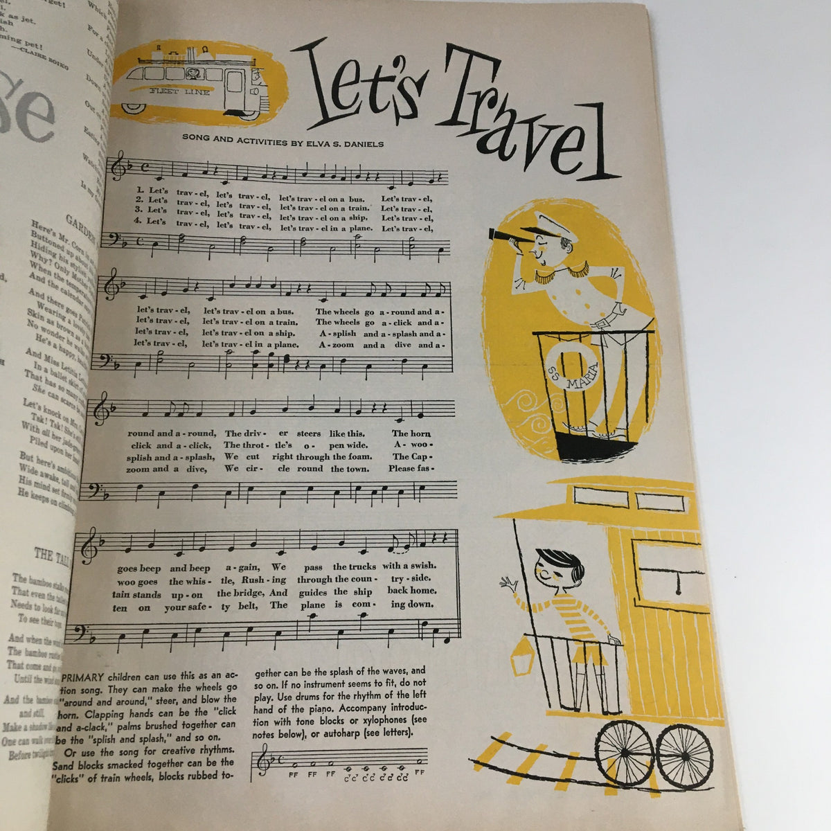 Page from VTG The Instructor Magazine June 1959 titled 'Let's Travel' featuring musical notes and colorful illustrations.