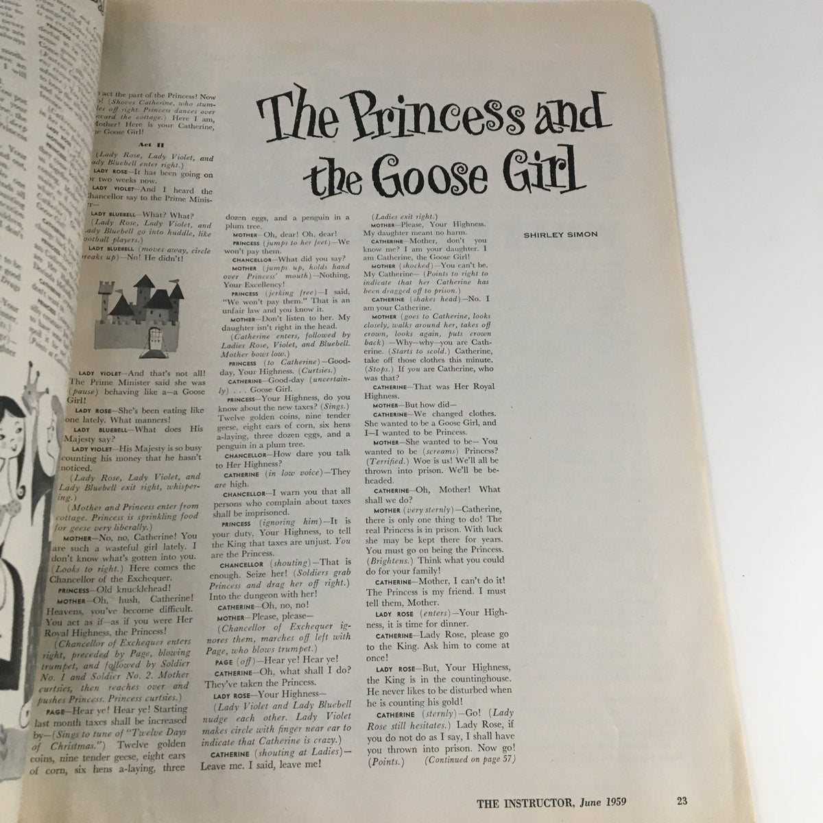 Story page from VTG The Instructor Magazine June 1959 titled 'The Princess and the Goose Girl' showcasing text and illustrations.