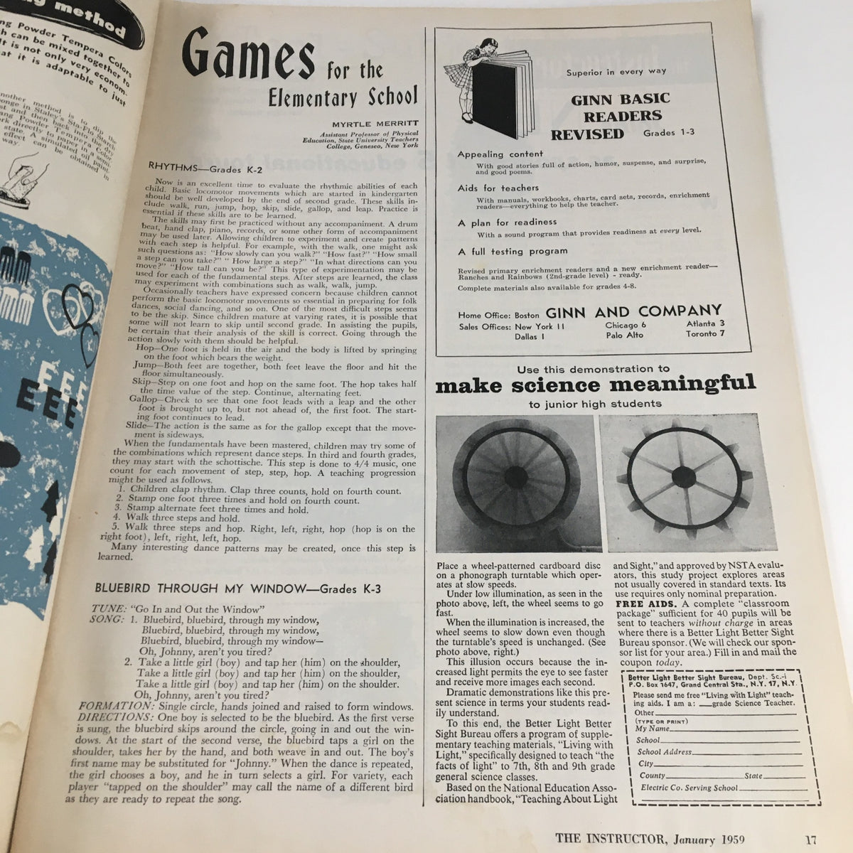 Interior page from The Instructor Magazine January 1959 featuring an article titled 'Games for the Elementary School' by Myrtle Merritt, discussing rhythmic activities and children's play.