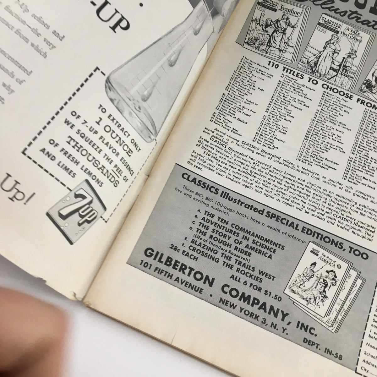 Inside page of VTG The Instructor Magazine December 1958 displaying an advertisement for 7-Up and various book titles available from Gilberton Company.