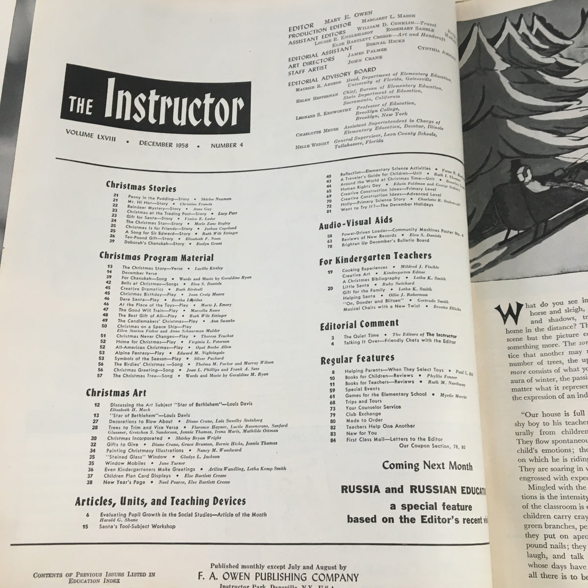 Table of contents page of VTG The Instructor Magazine December 1958 highlighting Christmas stories and program materials.