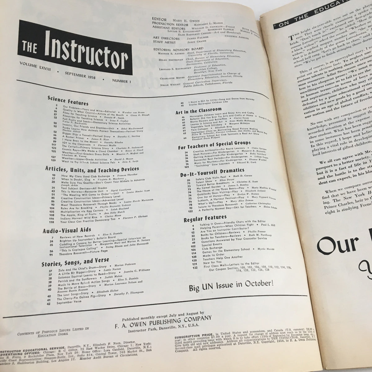 Interior page of VTG The Instructor Magazine September 1958 displaying the table of contents, detailing articles on educational topics.