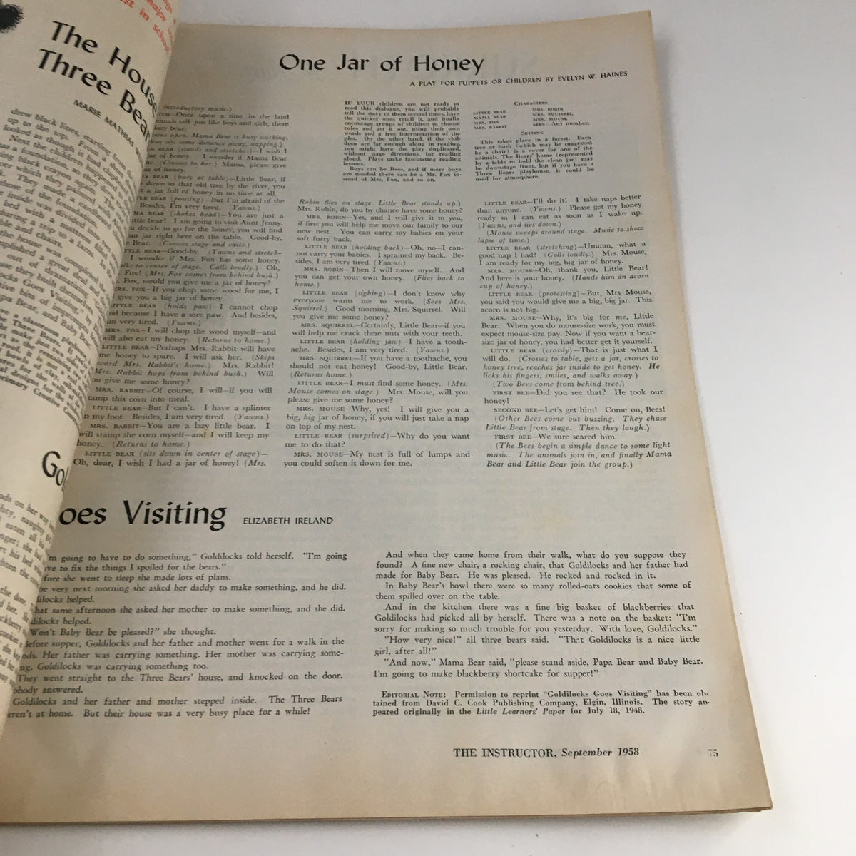 Page from VTG The Instructor Magazine September 1958, titled 'One Jar of Honey,' presenting a play for children or puppets.