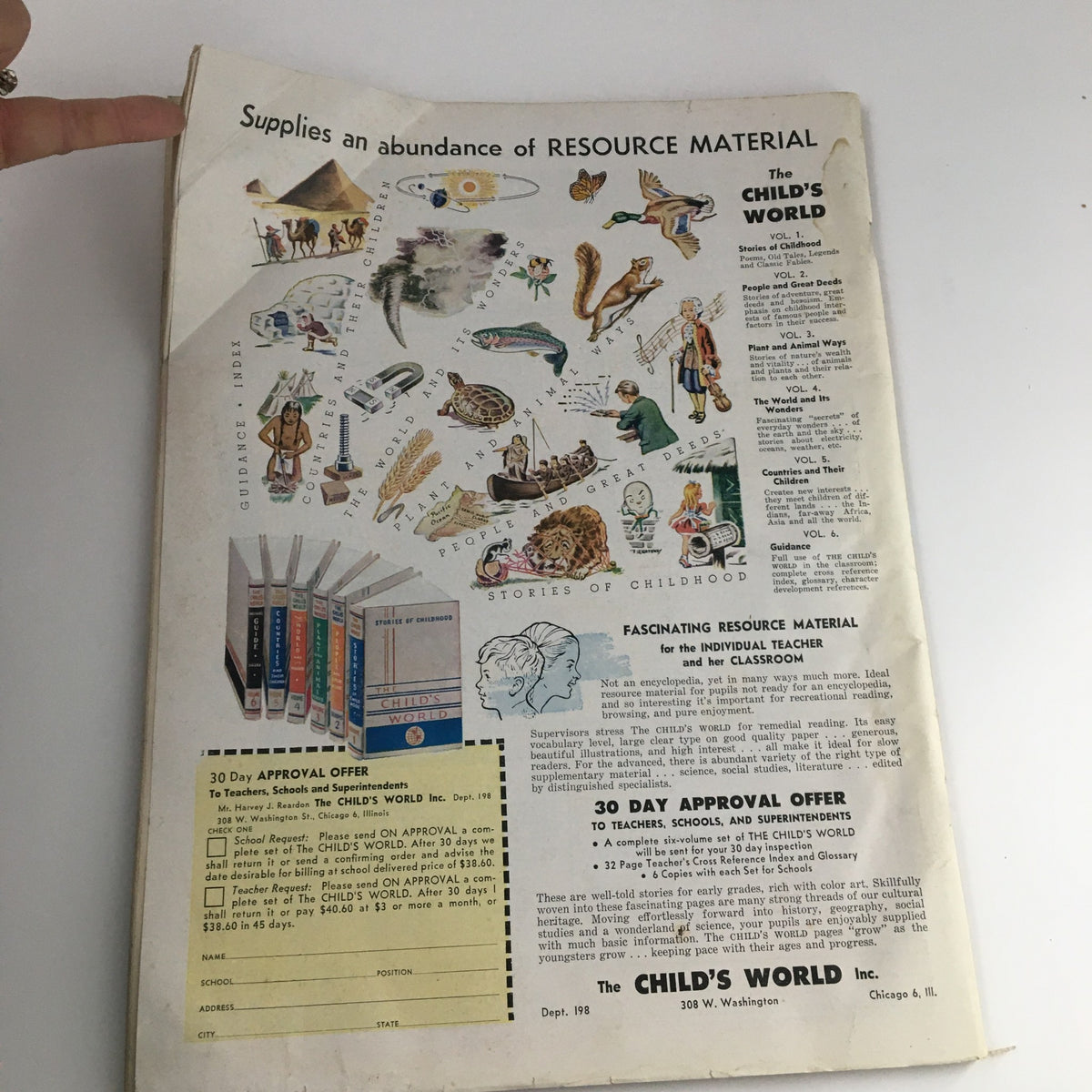 Back cover of VTG The Instructor Magazine September 1958, advertising 'The Child's World' resource material for teachers, featuring illustrations.
