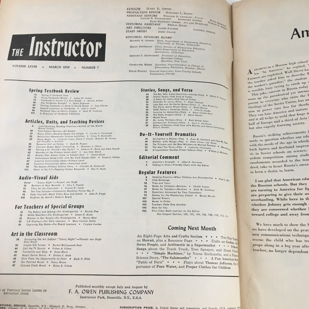 Interior page of VTG The Instructor Magazine March 1959 displaying the table of contents, highlighting articles and features from the edition.