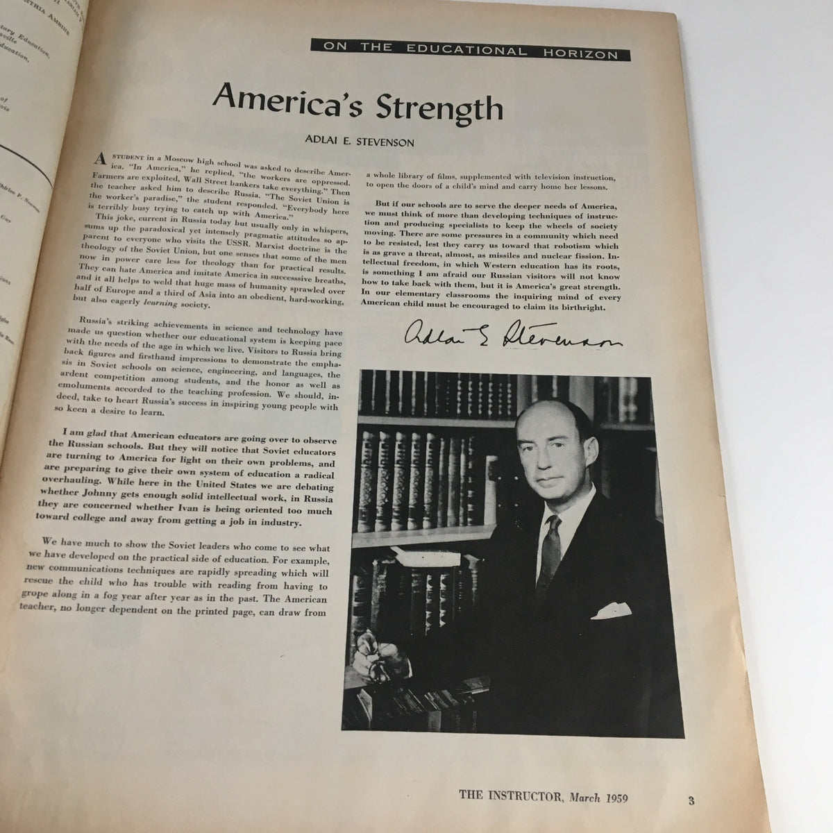 Article titled America's Strength in VTG The Instructor Magazine March 1959, featuring insights by Adlai E. Stevenson with a photograph.
