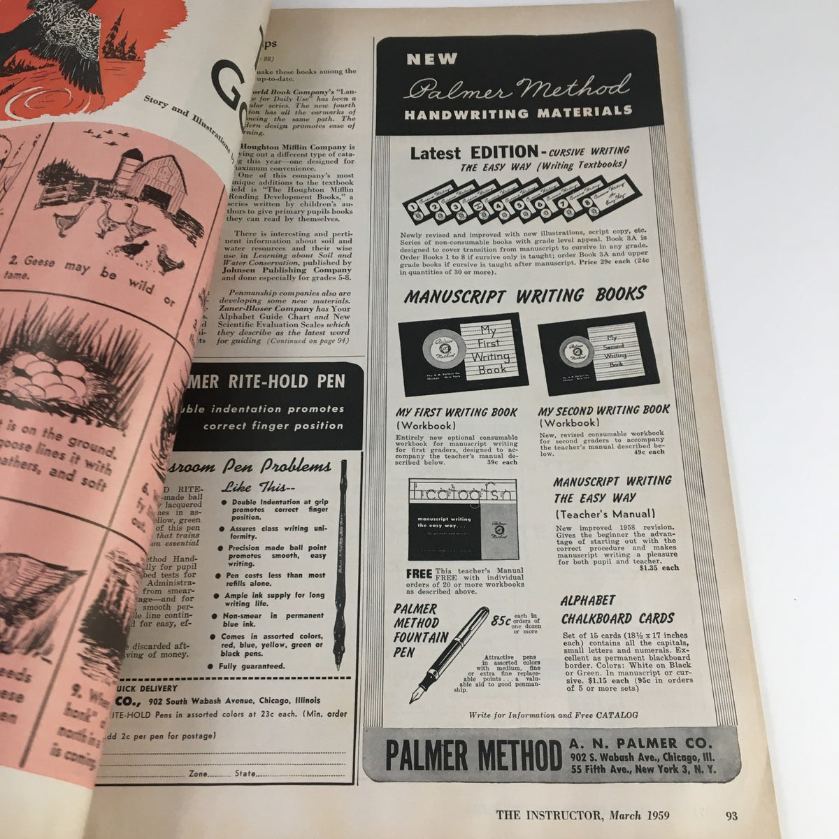 Interior page of VTG The Instructor Magazine March 1959 showcasing Palmer Method handwriting materials and writing books advertisements.