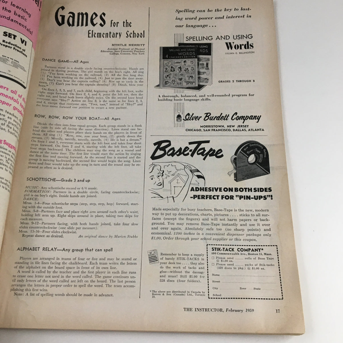 Page from VTG The Instructor Magazine February 1959 with 'Games for the Elementary School' activities, showcasing educational games and classroom activities for all ages.