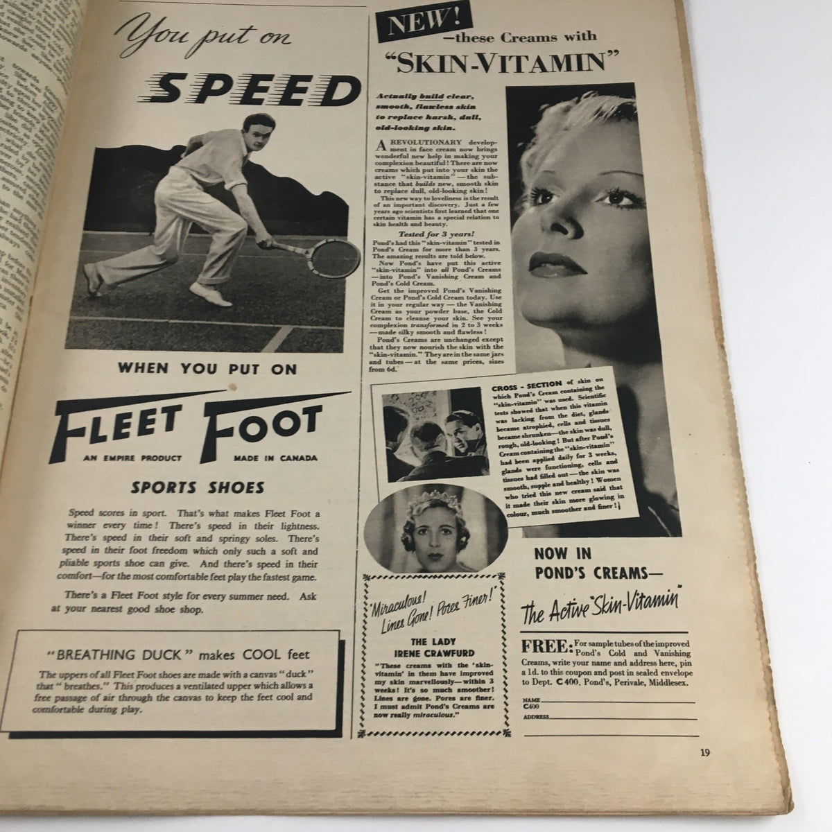 Vintage advertisement featuring sports shoes labeled 'Fleet Foot' alongside beauty cream promotions in The National Home Weekly Magazine June 18, 1938. This page illustrates the advertising style of the era, showcasing products related to sports and skincare.