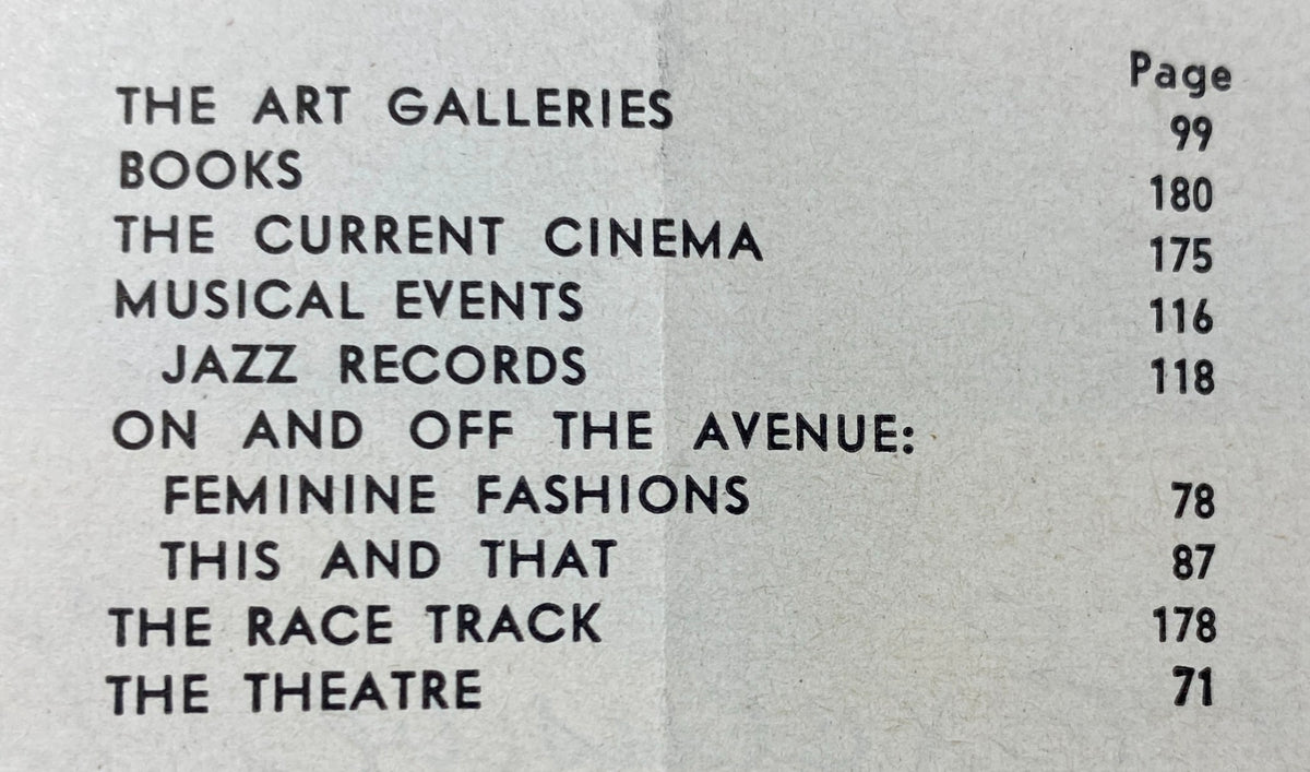 Table of contents for The New Yorker Complete Magazine April 6, 1963, listing features such as The Art Galleries, Books, and Musical Events.