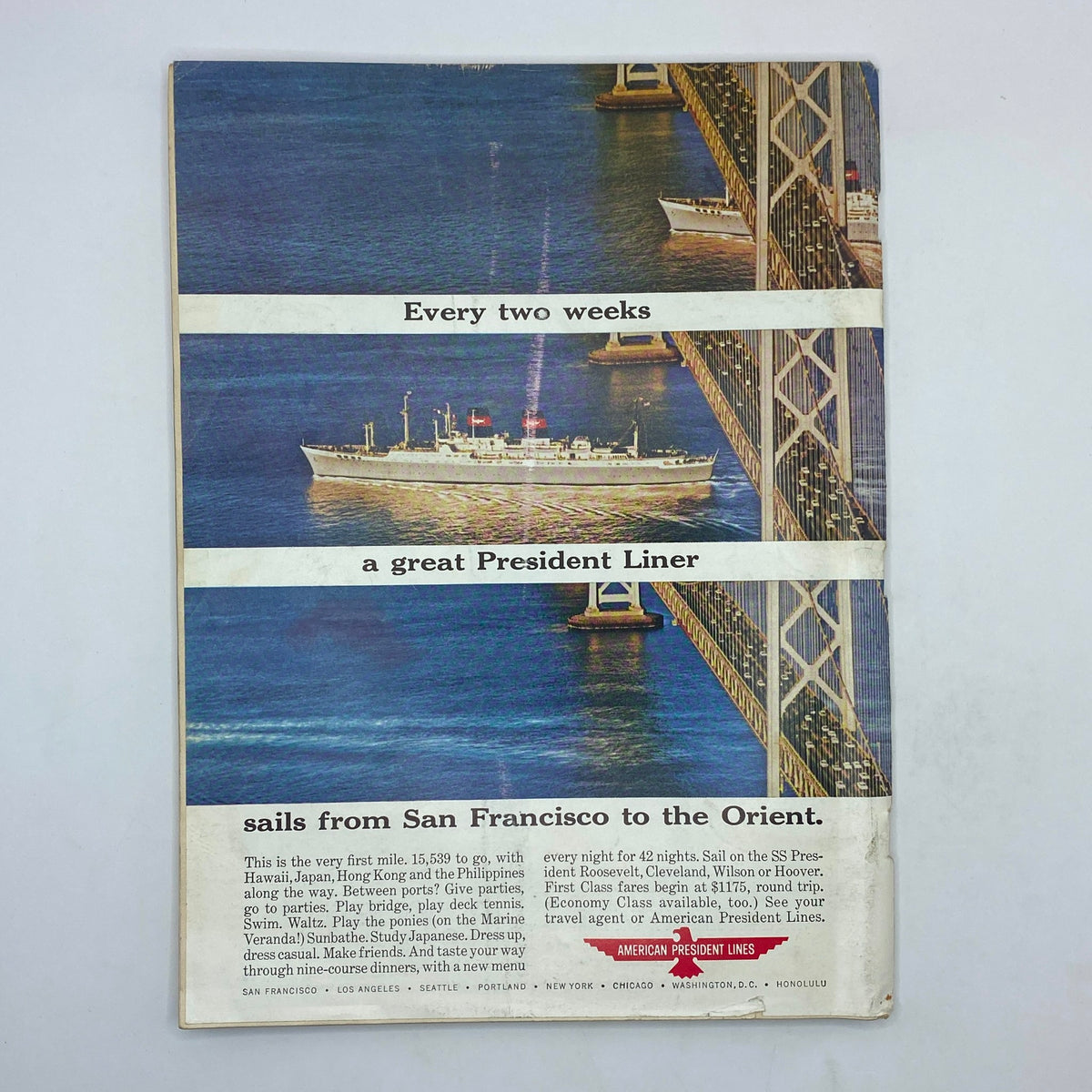 Back cover of The New Yorker magazine from May 25, 1963, featuring an advertisement for American President Lines highlighting their ships sailing from San Francisco.