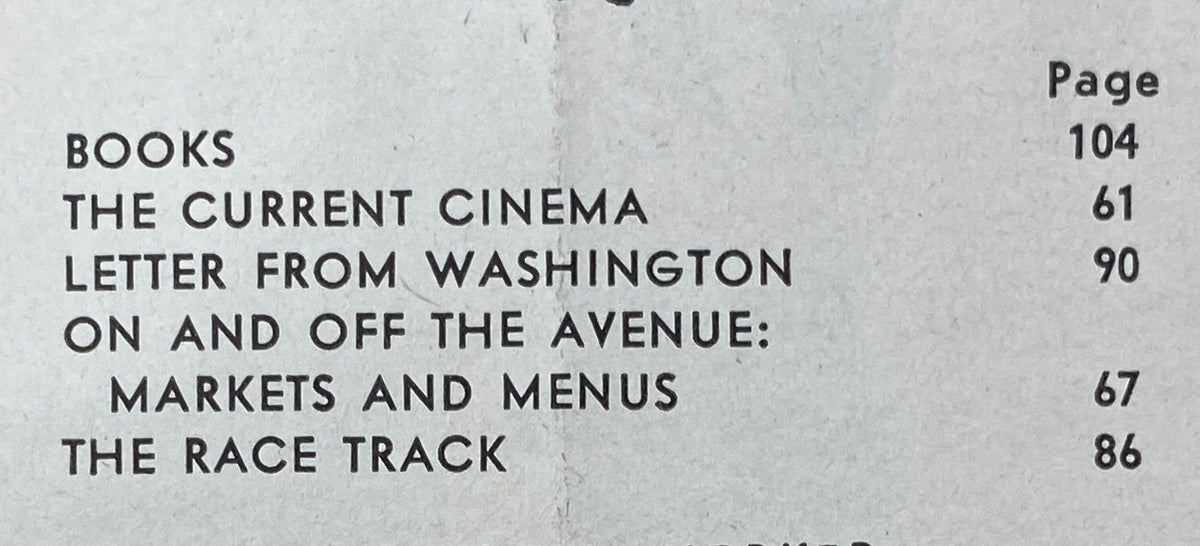 Inside pages of The New Yorker magazine from June 22, 1963, listing feature articles including 'Books', 'The Current Cinema', and 'Letter from Washington'.