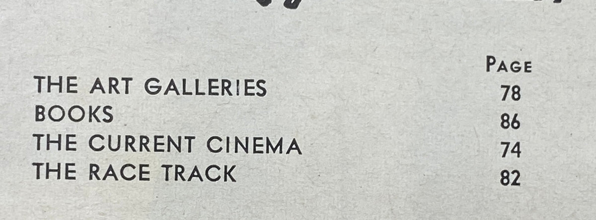 Interior page of The New Yorker Complete Magazine August 8, 1964 displaying a list of contents including topics like The Art Galleries, Books, The Current Cinema, and The Race Track.