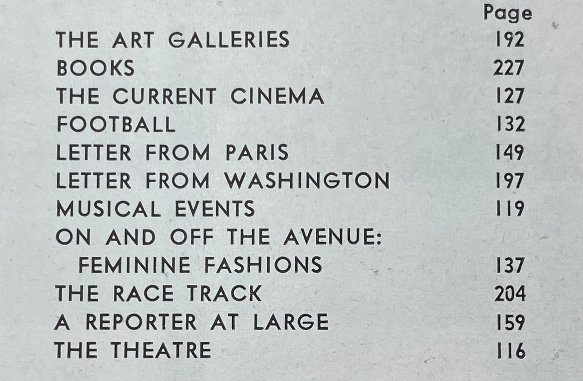 Table of contents from The New Yorker Complete Magazine October 8, 1966, listing featured articles on culture, cinema, and fashion.